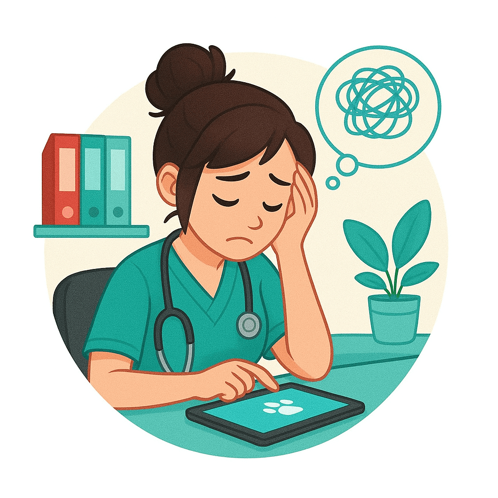 Female cartoon vet using a tablet at her desk with a look of frustration on her face