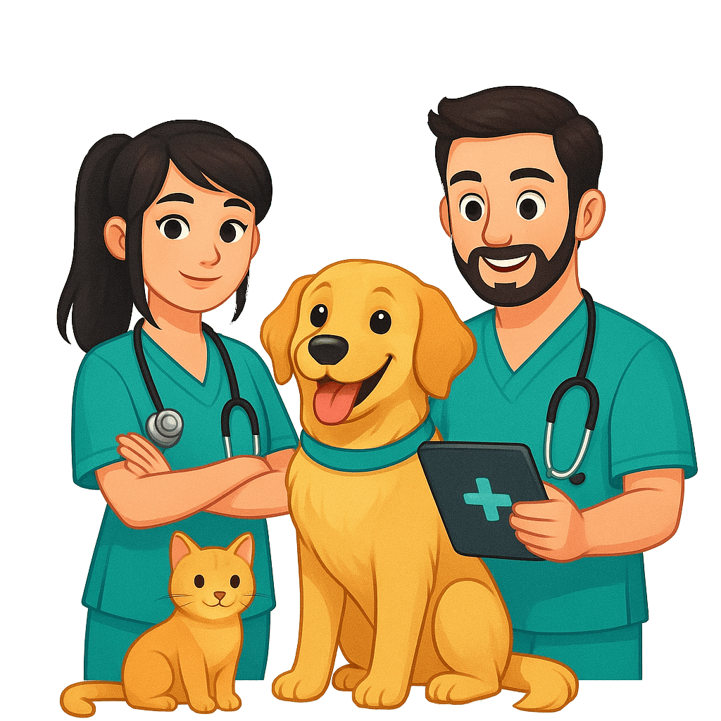 Illustration of veterinary professionals using Note AI assistant on a tablet