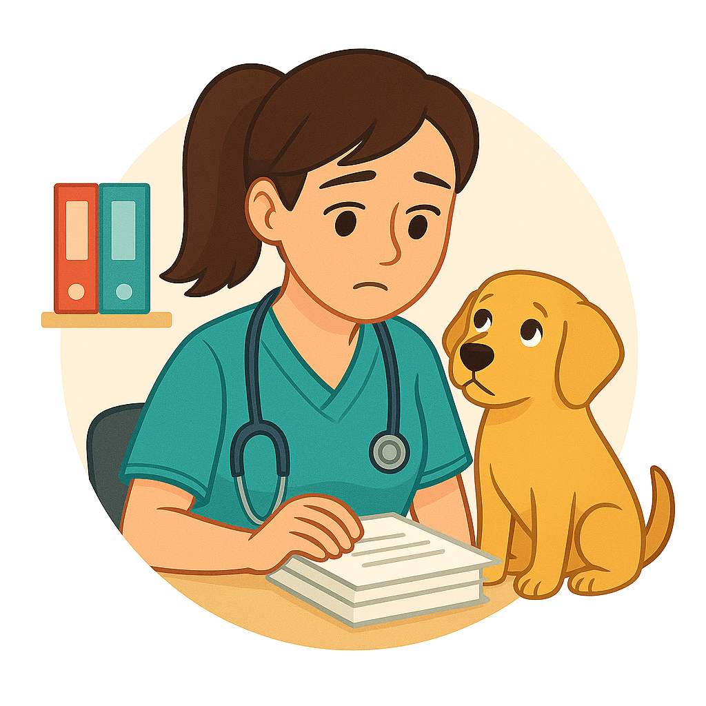 Female cartoon vet focused on paperwork while a puppy watches her